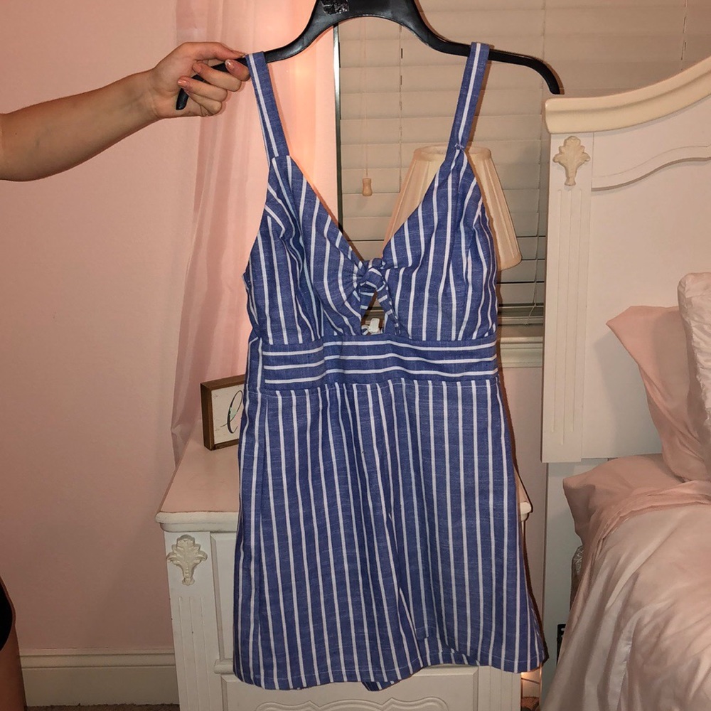 Blue and white striped linen romper